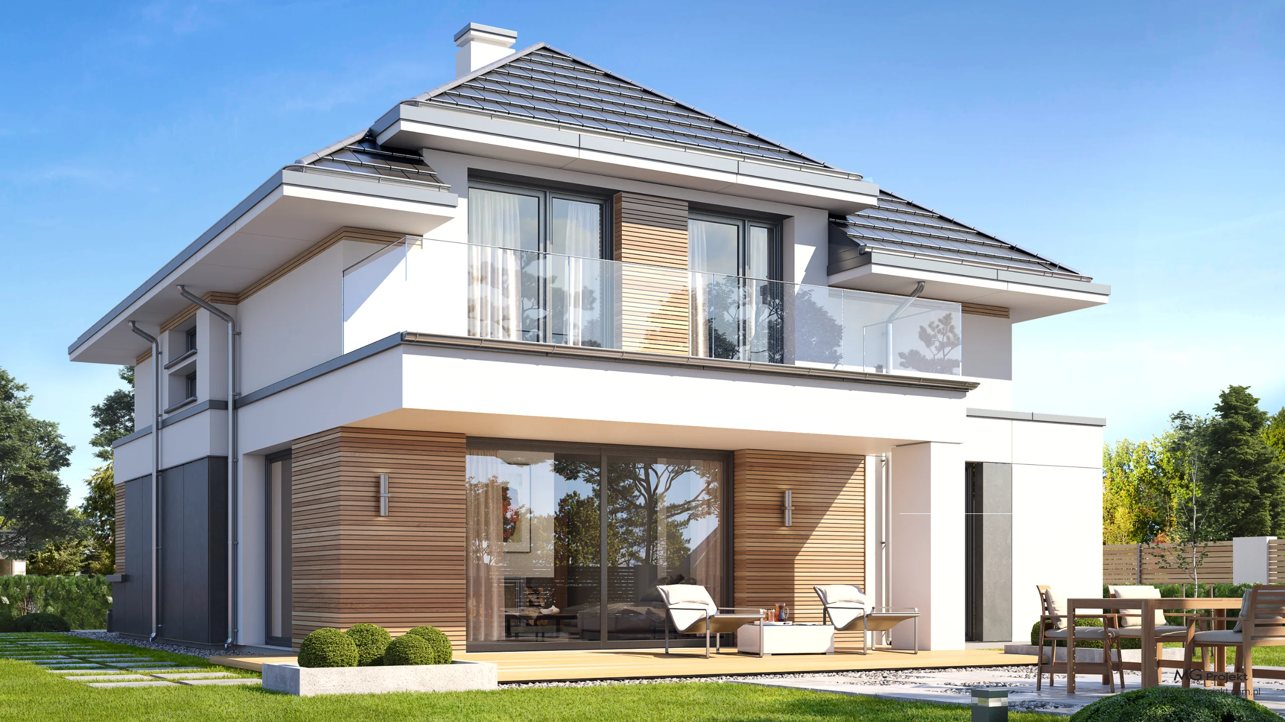 Budynek Domy Akacjowa widoczny z zewnątrz od strony ogrodu.